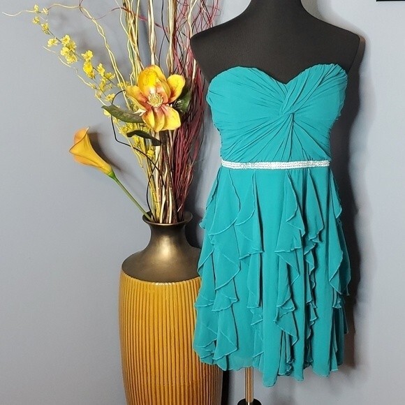 City Triangles Dresses & Skirts - City Triangles Strapless Chiffon Ruffle Dress in Teal Size 15 NWT